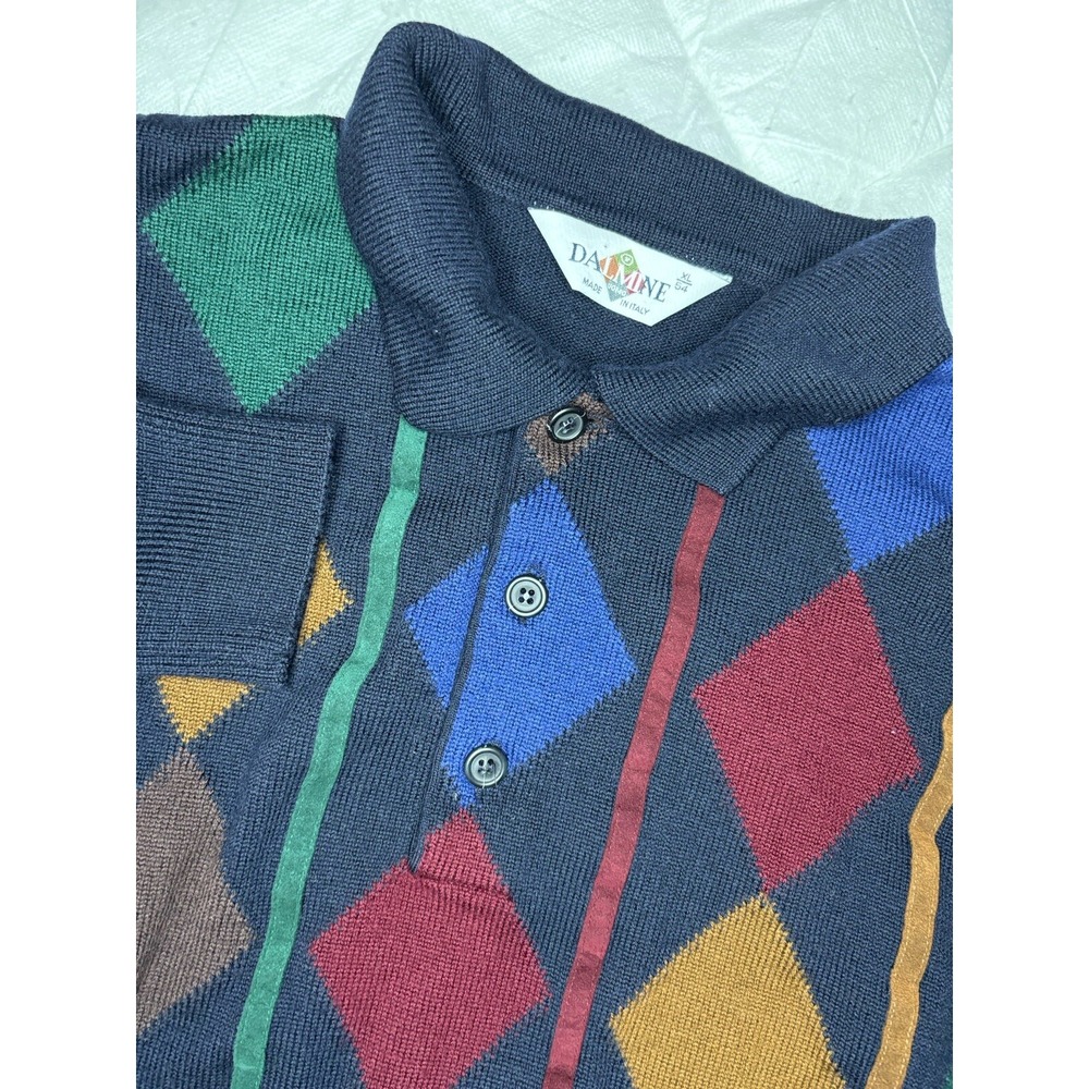 Dalmine Sweater Mens XL EU 54 Black Argyle Wool Long Sleeve Collar Made in Italy